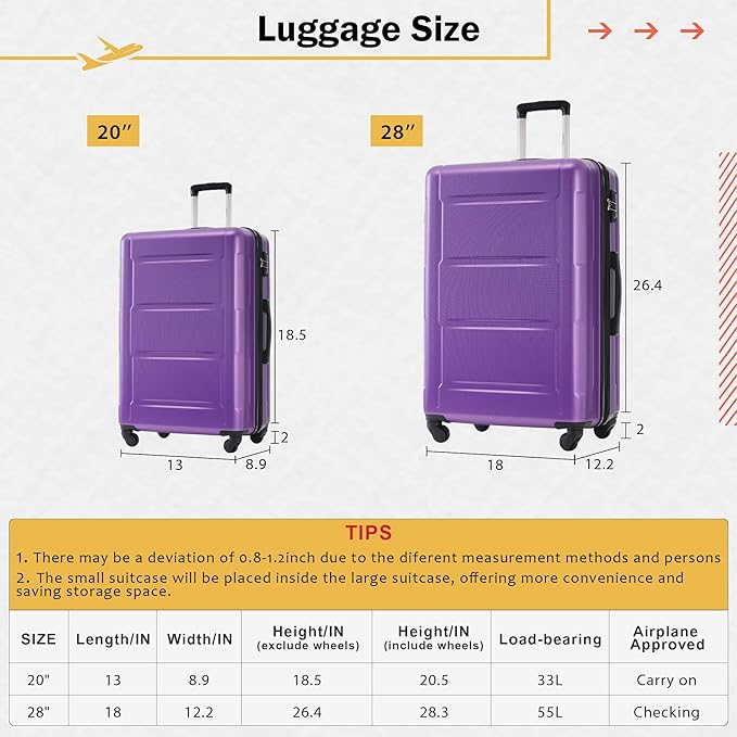 Merax Luggage Set 2 Piece Suitcase Sets with Spinner Wheel,Lightweight Hardside Expandable Travel Laggage with TSA Lock,Suitcase with Travel Bag(20"/28",Purple)
