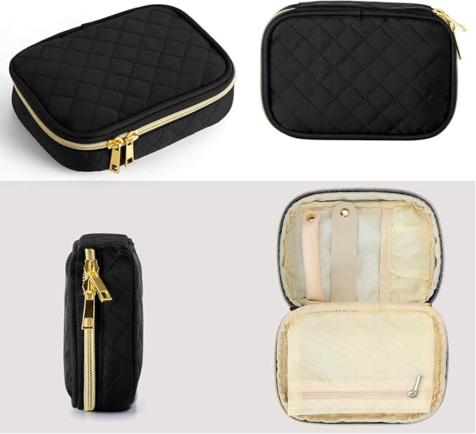 Teamoy Small Jewelry Travel Case, Portable Jewelry Organizer Bag for Earrings, Necklace, Rings and More (Small, Quilted- Black)