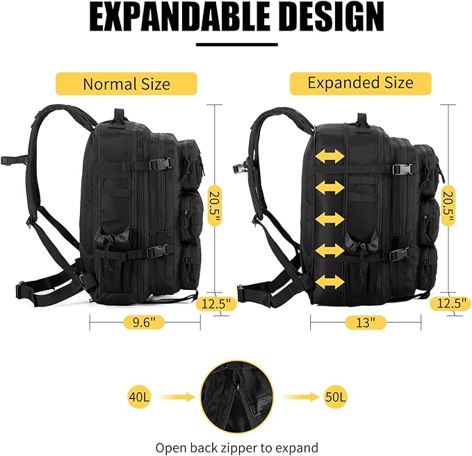 Tactical Backpack for Men, 40/50L Expandable Military Backpack, Waterproof MOLLE Hiking & Camping Rucksack, Assault Pack & Bug Out Bag for Outdoor, Work Backpack