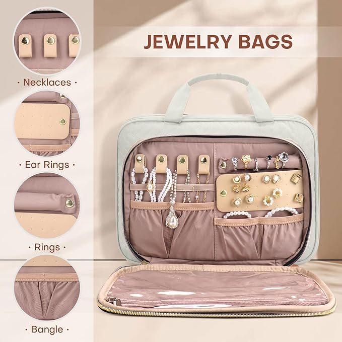 Toiletry Bag for Women with Jewelry Organizer Compartment, Travel Makeup Cosmetic Bag with Hanging Hook for Full-sized Toiletries, Shampoo - Beige