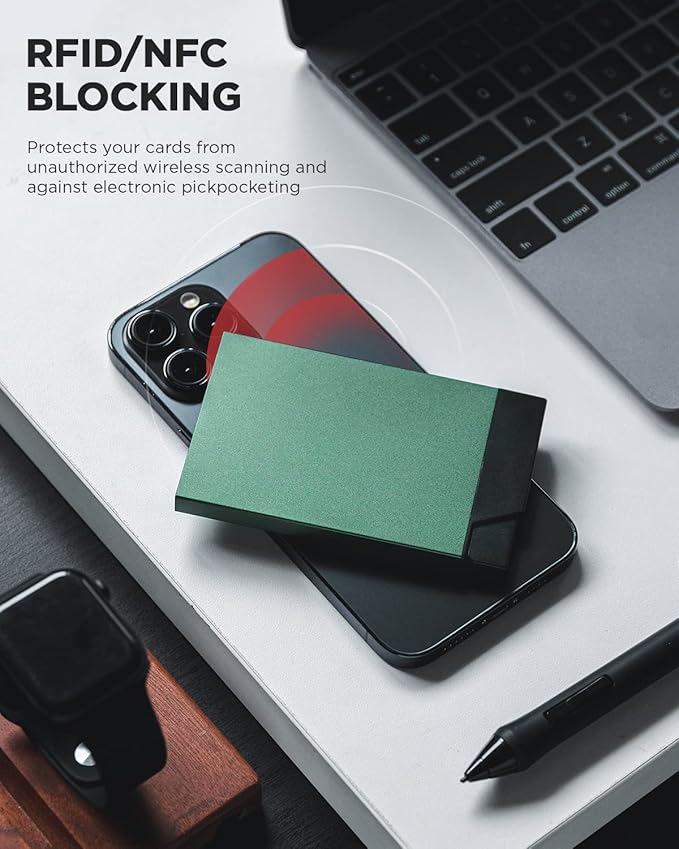 VULKIT Pop up Card Holder Minimalist Credit Card Holder RFID Blocking Slim Metal Card Case for Men or Women(Midnight Green)