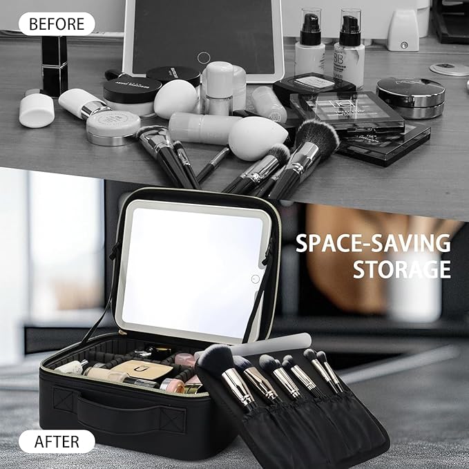 Makeup Bag with Led Mirror,Travel Makeup Organizer with 3 Color Setting & Jewelry storage box, Portable Storage and Adjustable Dividers Travel Makeup Bag(Black)