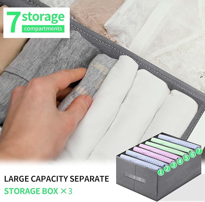 Jeans Organizer for Closet, Foldable Wardrobe Clothes Organizer with Handle, Stackable Closet Clothes Drawer Organizer Tshirts with 7 Grids for Leggings, Sweater, Jean, Pants, Grey (3 PCAK)