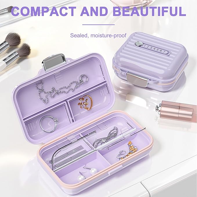 Travel Pill Organizer Box with Medicine Labels, 2Pack 7 Compartments Portable Pill Case, Daily Medication Organizer Storage Pill Container for Pocket Pharmacy(Purple, S+L 2pack)