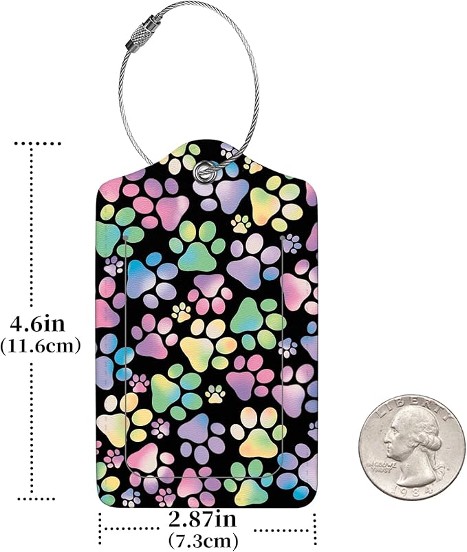 2 Pcs Luggage Tags for Suitcase, Cute Unique PU Leather Travel Bag Tag with Privacy Cover ID Label Address Card and Durable Metal Ring Suitable for Men Women Children Backpack,Colorful Dog Paw Prints