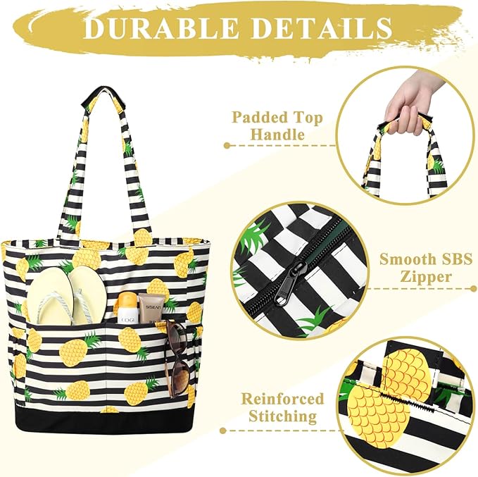 VASCHY Beach Bag for Women, Large Waterproof Sandproof Fold-able Packable Pool Tote Bag w Zipper/Pockets