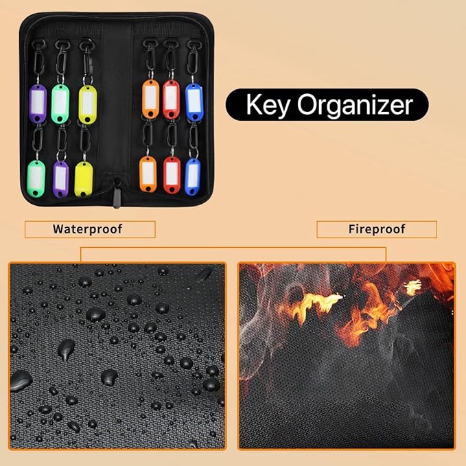 Sdstone Portable Zippered Key Organizer, Fireproof Key Case with 12 Key Hooks and Tags,Waterproof Portable Key Storage for Rental Management Real Estate Sales Hotel Executives and Car Service