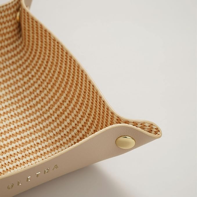OLETHA Small Foldable Valet Tray - Aesthetic Desk Organizer for Home, Office & Travel - Portable Catch All Bowl for Keys, Scrunchie & Jewelry - Rattan Textured, Beige
