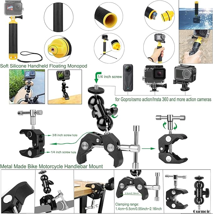 Gurmoir Accessory Kit for Osmo Action 5 pro 4/Insta 360 X5 X4 X3/Go Pro Hero13 12/Gopro Max 2/, Bike Mount/Hat Clip/Helmet Strap/Backpack Mount kit for Gopro/Osmo Action/Insta 360(DT18)