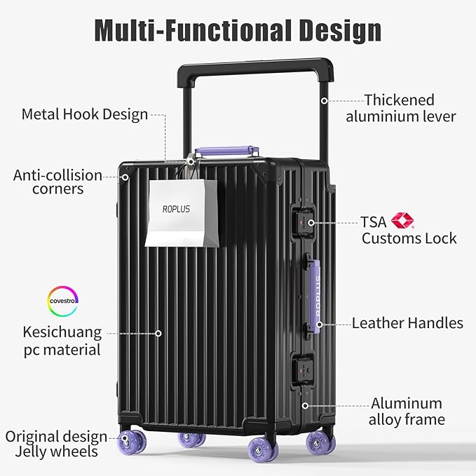 Aluminium Frame Carry on Luggage with Smooth Jelly Wheels, Hardside Zipperless Rolling Suitcase with TSA Lock (BlackPurple, 21-Inch)