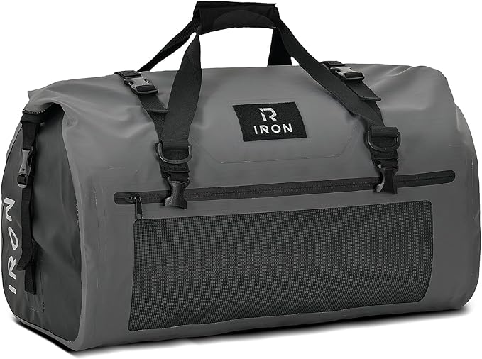 IRON JIA'S Motorcycle Dry Bag - Waterproof Duffle & Luggage Tail Bag Saddle Bags with Roll Top Closure, Shoulder Straps, Inner Pocket and Mesh Pocket (Grey, 30L)