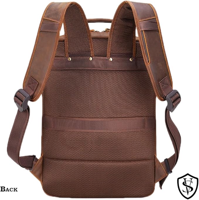 STAR VISTA Angelo 17.3" Vintage Full Grain Leather Laptop Backpack for Men, Multi Pockets, Casual Outdoor Business Travel Rucksack, YKK Zippers, Dark Brown