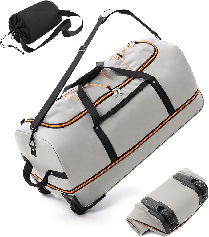 CONTAIL 32”110L Expandable 140L Rolling Duffle Bag with 2 Inline Wheels,Convertible Weekend Travel Bag with Bungee-Cord System,Grey