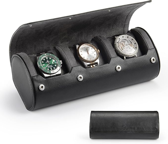 Watch Travel Case for Men: 3 Slot Watch Box Organizer Display Case - Portable Watch Storage & Travel Case - Watch Roll Fits All Wrist Watches & Smart Watches Up to 50mm (Black)