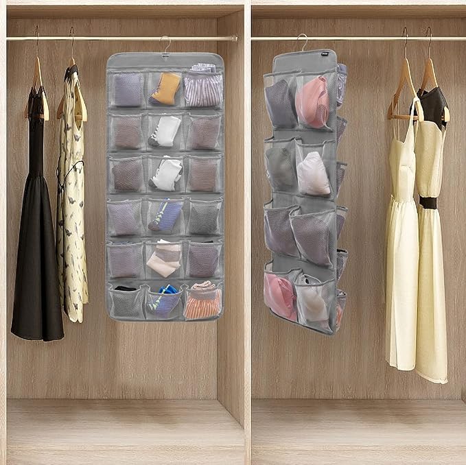 Dual-Sided Hanging Closet Organizer for Socks Underwear Bra Kids Storage Organizer for Baby Clothes Toddler Shoes with 26 Pockets (Grey-Mesh Pockets)