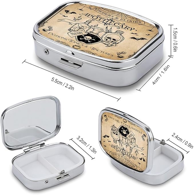 Metal 2 Compartment Pill Organizer Travel Friendly Portable Compact Pill Box Cute Pill Case to Hold Vitamins,Fish Oil,Supplements,Meds,Tablet for Purse,Pocket. (Bottles and Skeletons)