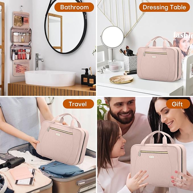 Hanging Toiletry Bag for Women Travel, 2 Sizes Large & Small Waterproof Cosmetic Organizer with 4 Compartments, Rotating Hook, Foldable Pink Travel Bag for Toiletries & Makeup - Medium Pink
