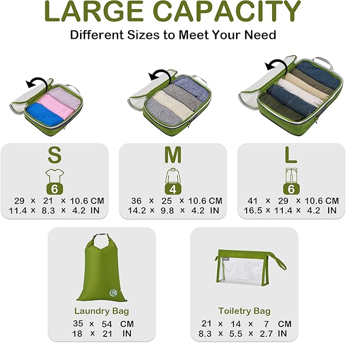 Cipway Compression Packing Cubes, See Through Mesh Luggage Organizer Bags, Travel Essentials for Carry on Suitcase with Laundry Bag and Clear Toiletries Bag（6 Pcs,Green）