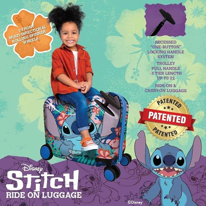 Fast Forward Ride-On 18" Suitcase For Kids/Tow-Along Toddler Carry-On Luggage With Wheels (Stitch)