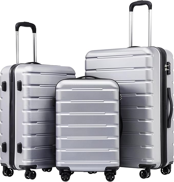 Coolife Luggage Suitcase Carry-on Spinner TSA Lock USB Port Expandable (only 28’’) Lightweight Hardside Luggage (Silver, 3 piece set)