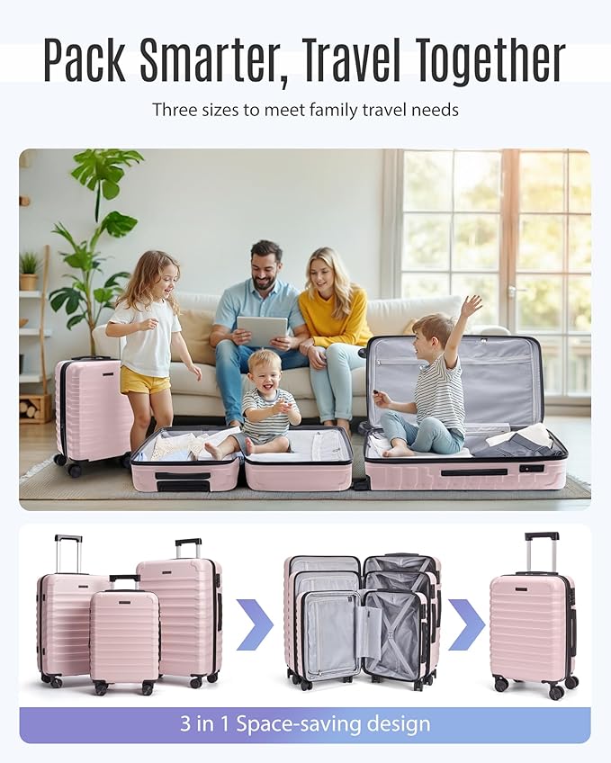 LIGHT FLIGHT Luggage Sets, 3 Piece Durable Suitcase Set with Spinner Wheels, 3 Pcs Hardside Lightweight luggage with TSA Lock, Large Checked Travel Suitcases, 20/24/28 Inch, Pink