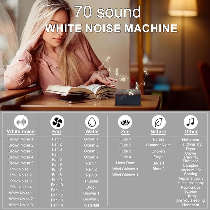 White Noise Sound Machine, Portable Sound Machine with 70 Soothing Sounds, 3 Timer Memory Function 30 Volume Levels Sleep Machines for Baby Kids Adult Home Office Travel, Black