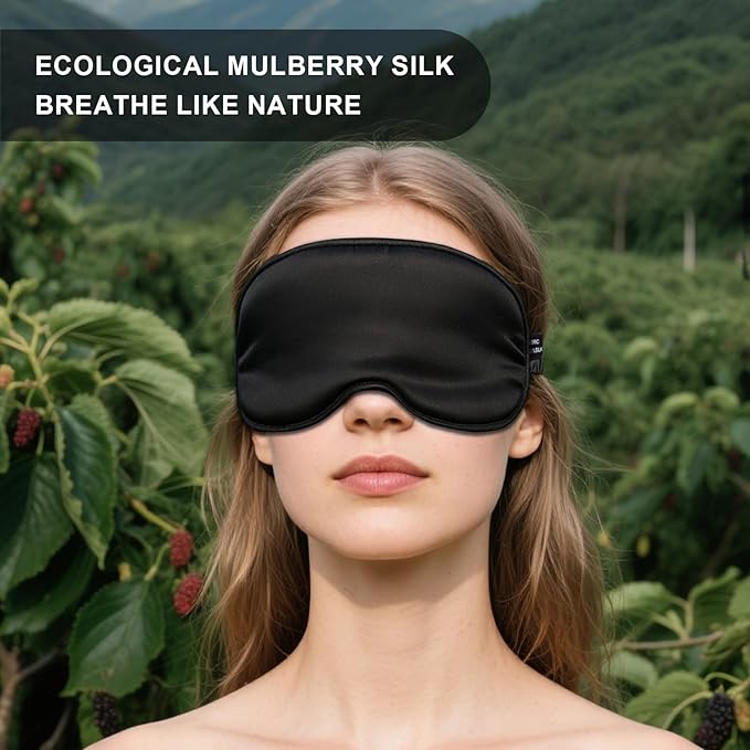 100% Mulberry Silk Sleep Mask, Ultra-Soft Light Blocking Eye Cover for Travel & Rest(Black)