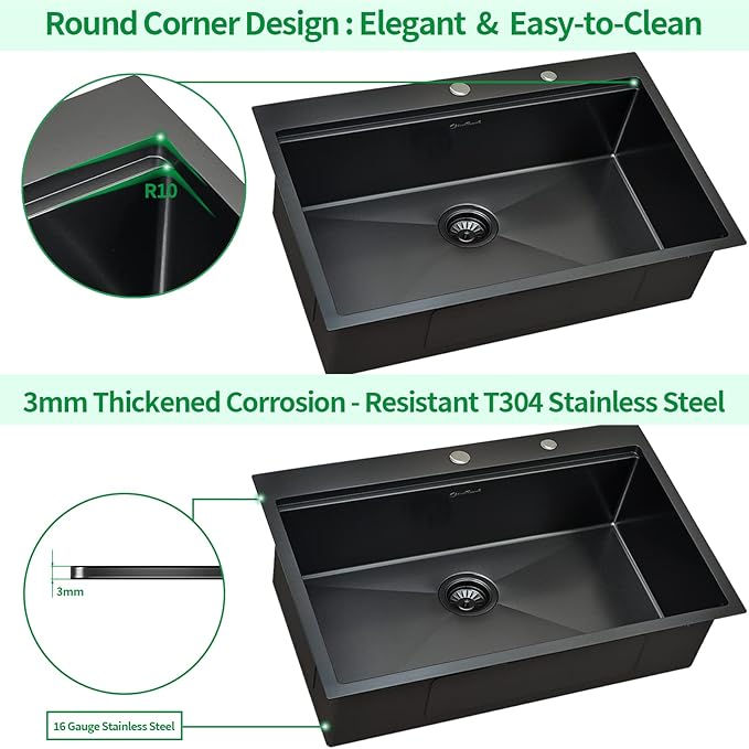 Kitchen Sink, 33 x 22 Drop in Kitchen Sink Gunmetal Black 16 Gauge Stainless Steel Kitchen Sinks Single Bowl Workstation Sink with Cutting Board