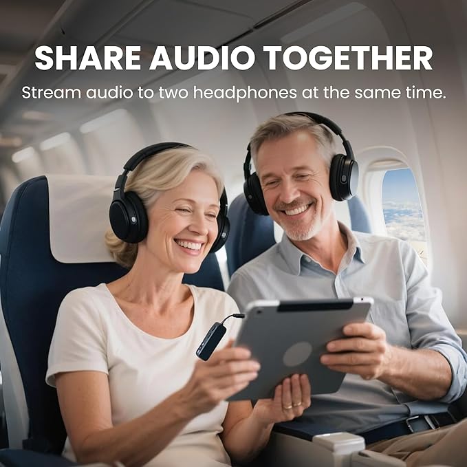 Avantree Relay - Airplane Bluetooth 5.3 Adapter with Qualcomm aptX Adaptive, Supports 2 AirPods or Headphones, 20Hr Playtime, 3.5mm AUX Wireless Audio Transmitter for Travel Flight, Airline, Gym