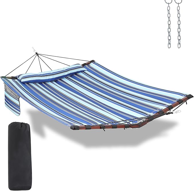 TegerDeger 12FT 2 Person Hammock Large Hammock 450LB Capacity with V Shaped Hardwood Spreader Bar & Nylon Rope for Outside, Patio, Garden, Backyard, Beach, Poolside - Blue Stripes