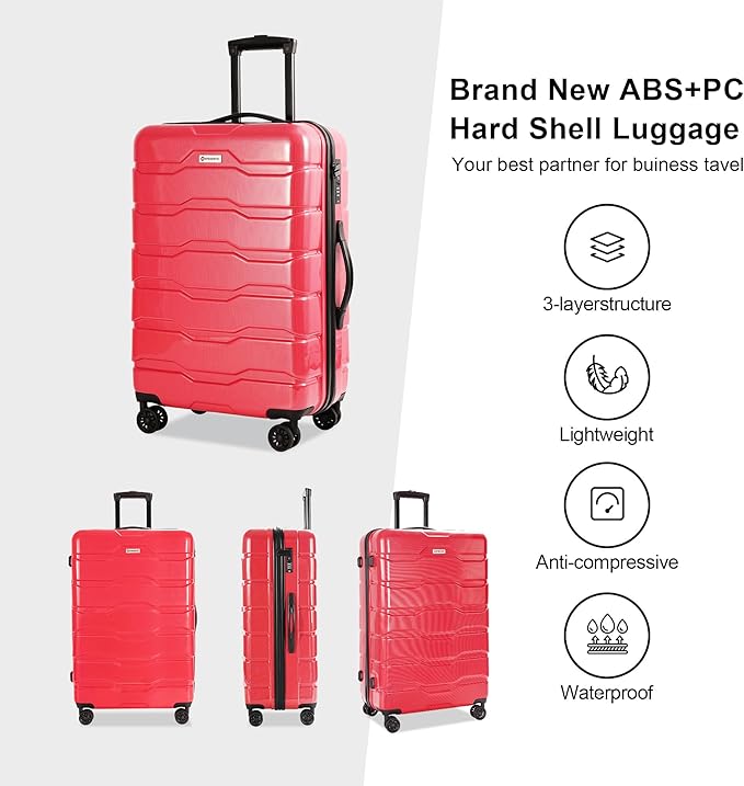 3 Piece Luggage Set, PC+ABS Lightweight Suitcase Sets with Spinner Wheels, Hardshell Luggage Sets with TSA Lock Red (20/24/28)