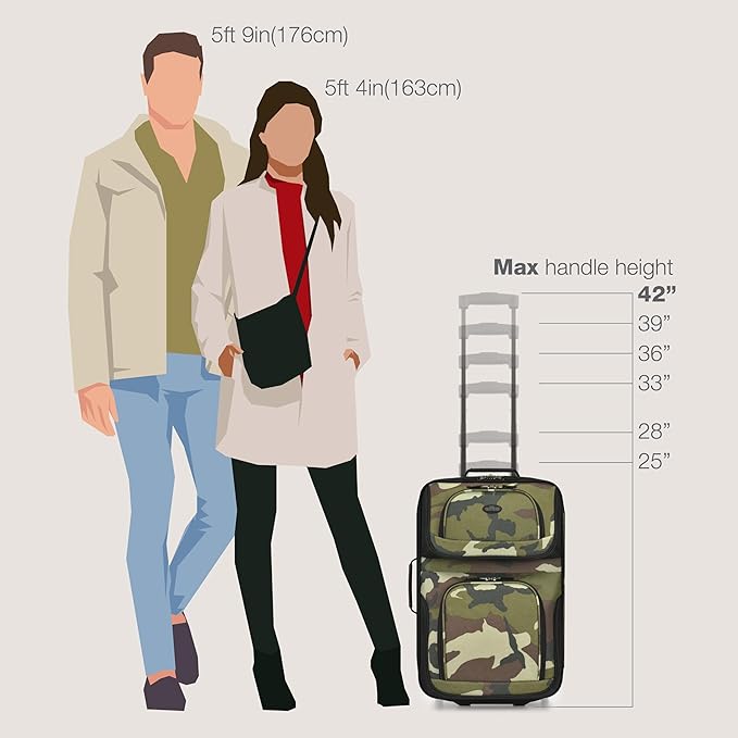 U.S. Traveler Lightweight Rolling 20" Carry On Luggage Softside Suitcase, Camouflage, 2 Wheel Single
