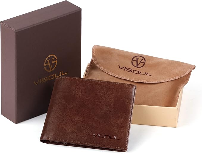 VISOUL Leather Wallets Bifold for Men with 2 ID Windwows, Men's Designer Card Holder Wallets with RFID Blocking (Brown)