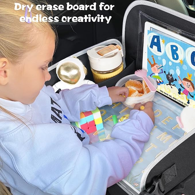 MENZOKE Car Seat Tray for Kids with Large Educational Drawing Board, Tablet Stand & Cooler Cup Holder, Essential for Family Road Trips, Airplane Rides & Daily Commutes, Black