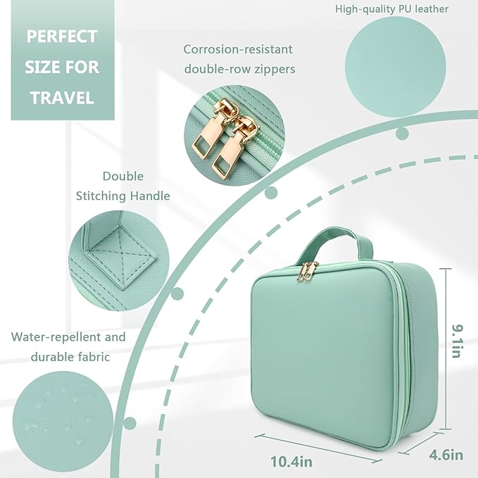 Travel Makeup Bag with LED Lighted Mirror, Travel Makeup Organizer,3 Color Setting Cosmetic Makeup Box, Adjustable Dividers and Brush Holder（light green）