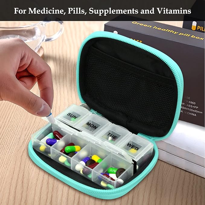 Serfeymi Weekly Travel Pill Organizer Pill Case for Purse with Removable 7 Day Pill Box, Fashionable Travel Medicine Organizer Pill Container for Medicine, Vitamin, Supplement - Black 01 + Green 01