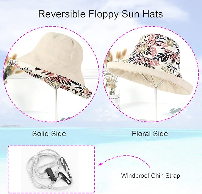 Women Wide Brim Sun Hats Metal Wired Edge Summer UV Protection Beach Fishing Hat for Hiking Garden Travel Chin Strap