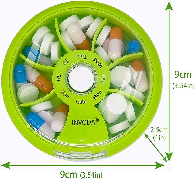 INVODA Weekly Pill Organizer 7 Compartment Rotating Pill Box for Daily Medication & Vitamins - Portable Travel Pill Case Fish Oil Supplements Vitamins Organizer (Green+Blue)
