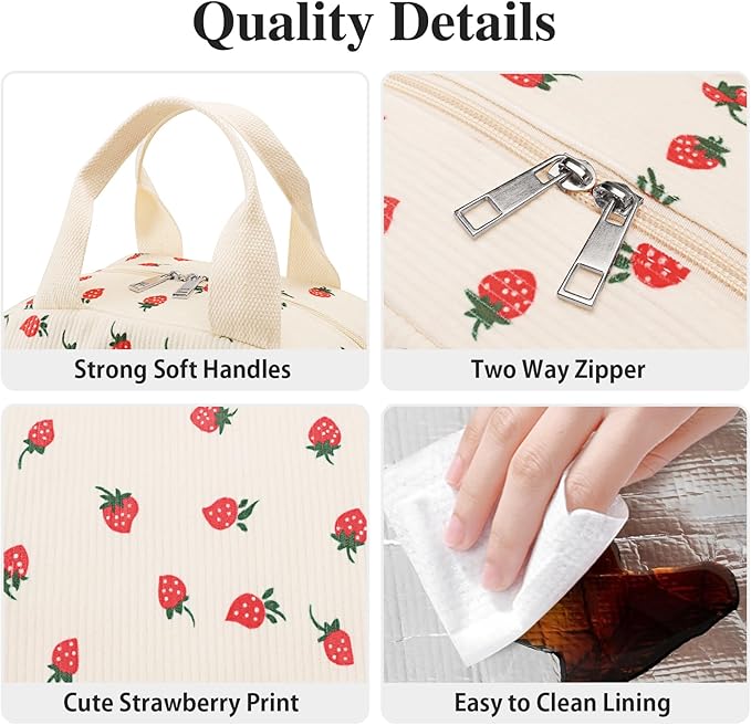 Lunch Bag Lunch Box for Women Adults Men, Cute Strawberry Corduroy Insulated Reusable Work Leakproof Simple Large Lunch Boxes Tote Bag Cooler Bag