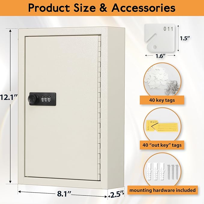 KYODOLED Key Storage Lock Box with Code, 40 Key Holder Wall Mount Cabinet with Combination Lock, Key Hooks & Tags Labels, 2.5" D x 8.1" W x 12.1" H, White