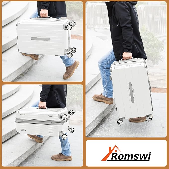 Romswi Suitcase Set with TSA Lock Cup Holder, Hardside Spinner Suitcase with Duffel Bag, Lightweight Durable PC+ABS White 5 PCS(20/24/28inch)
