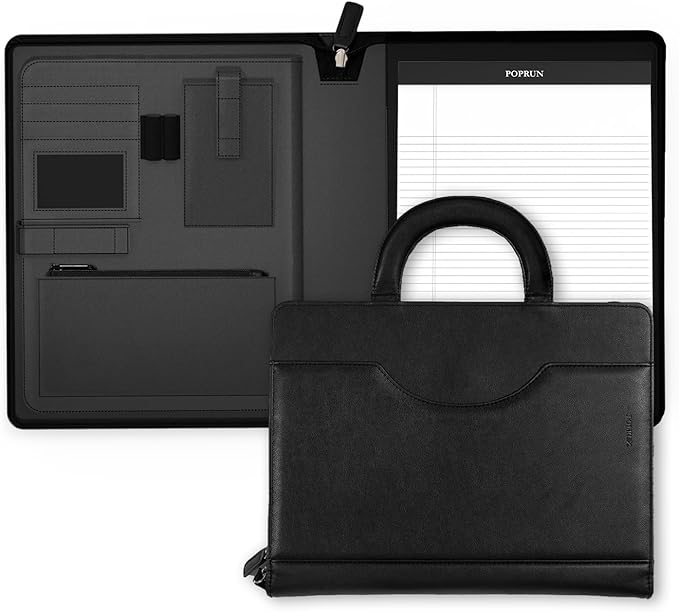 POPRUN Portfolio Binder with Zipper, Leather Padfolio Document Organizer with Storage, Professional Business Briefcase ideal for Meeting Presentation Work-Includes 50 Sheet Writing Pad, Black