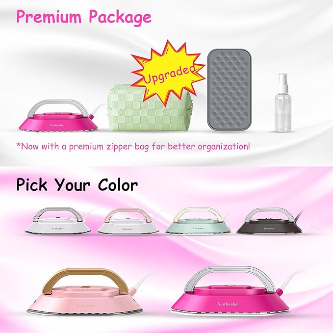Newbealer Travel Iron with Dual Voltage - 120V/220V Lightweight Dry Iron for Clothes (No Steam), Non-Stick Ceramic Soleplate, 302℉ Heat Press Machine, w/Spray Bottle, Pouch & Silicone Stand (Hotpink)