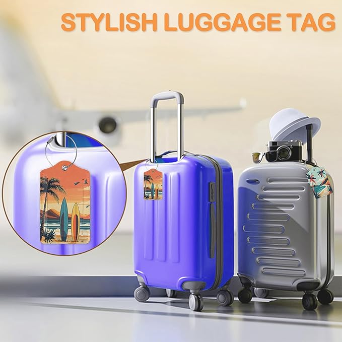 Tropical Turtle Beach Art 3 PCS Luggage Tags, Vintage Coastal Leather Suitcase Tags with Privacy Cover Name Address Labels and Durable Steel Loop for Men/Women Travel Bag Suitcases