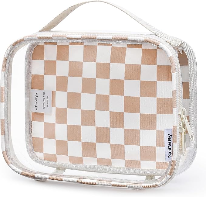 Narwey TSA Approved Clear Toiletry Bag for Travel, Waterproof PVC Clear Makeup Bags, Portable Compact Cosmetic Bag Make Up Organizer, Airport Airline Quart Size Compliant Bag (Light Checkerboard)