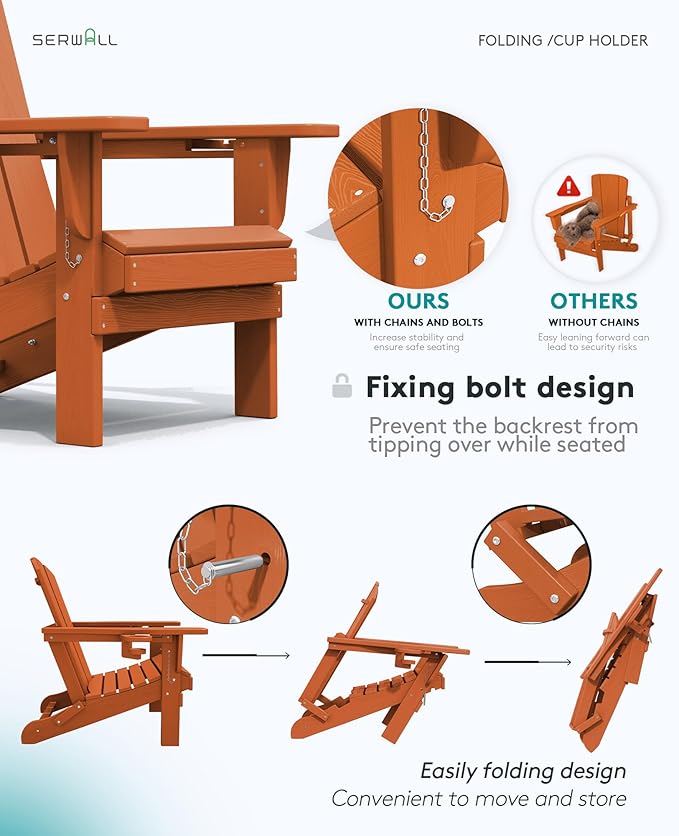 SERWALL Adirondack Chair with Cup Holders - Composite Adirondack Chairs Set of 2 HDPE Outdoor Chairs All Weather Use- Orange