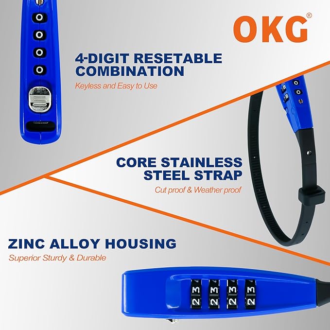 OKG 4-Digit Combination Zip Tie Lock - Anti-Scratch Stainless Steel Cable Bike Lock with Resettable Code, Secure Helmets, Skis, Prams, Luggage, Cabinet, French Doors, and More (Blue)