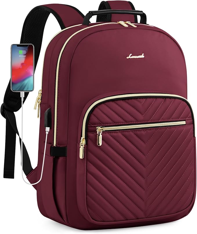 LOVEVOOK Laptop Backpack for Women, Large Travel Computer Work Bag, Business Teacher Nurse College Backpack Purse, Hiking Outdoor Carry On Backpack with 17.3-inch Laptop Compartment, Wine Red