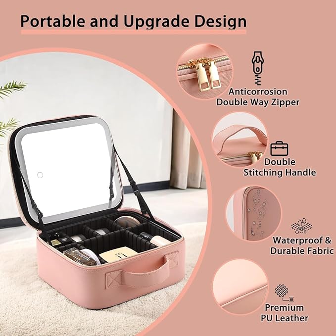 Makeup Bag with Led Mirror,Travel Makeup Organizer with 3 Color Setting & Jewelry storage box, Portable Storage and Adjustable Dividers Travel Makeup Bag(Pink)