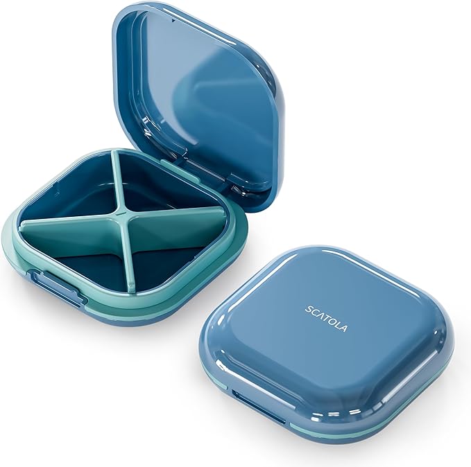 Small Pill Case, Travel Pill Box, Portable Pill Organizer, Pill Container for Pocket 4 Compartments, Daily Compact Travel Medicine Holder for Vitamins Medication (Blue)